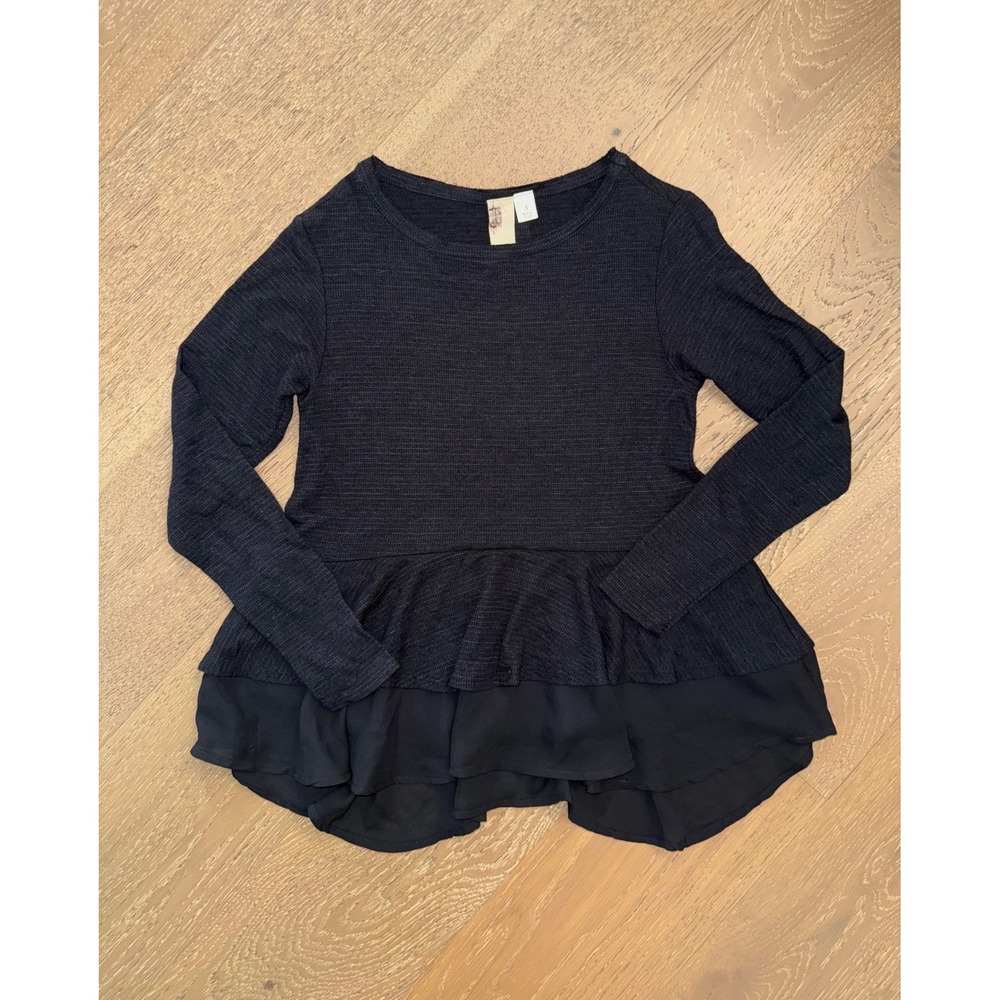 Bobeau Womens Peplum Top Long Sleeve Tiered‎ Chiffon Hem Black Small